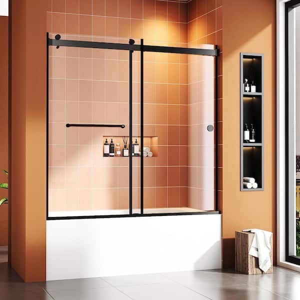55 to 59 in. W x 56 in. H Sliding Tub Door in Black with Explosion-Proof Film and 5/16” (8mm) Tempered Clear Glass - May not be exact model shown, but similar - (Good condition because item may be missing some installation hardware)