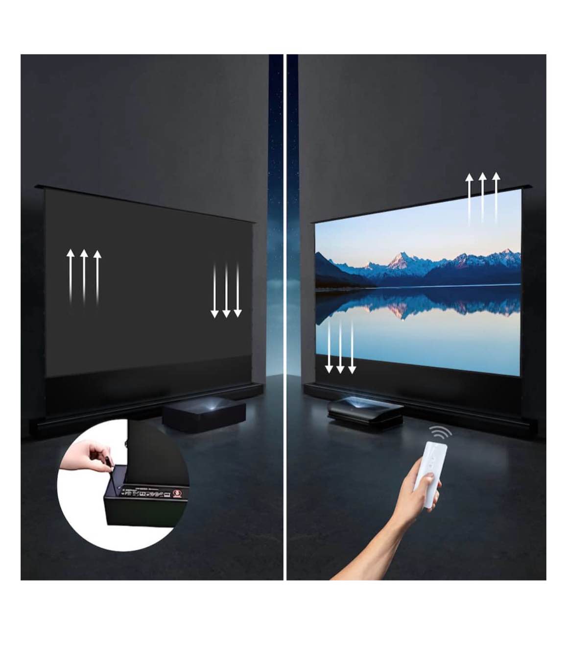 Condition photo showing New/Like New for 120" motorized floor rising ambient light rejecting projector screen for ultra short throw projector, package dimensions: 114.3 x 9.8 x 7.0 inches