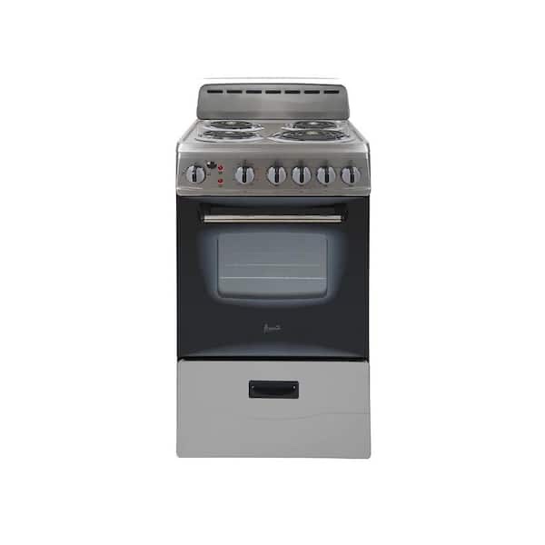 Avanti 20 in. 2.1 cu. ft. Single Oven Electric Range in Stainless Steel - (Good condition because drawer has small dent/bend to the metal, pictured, and the back right burner coil is slightly bent)
