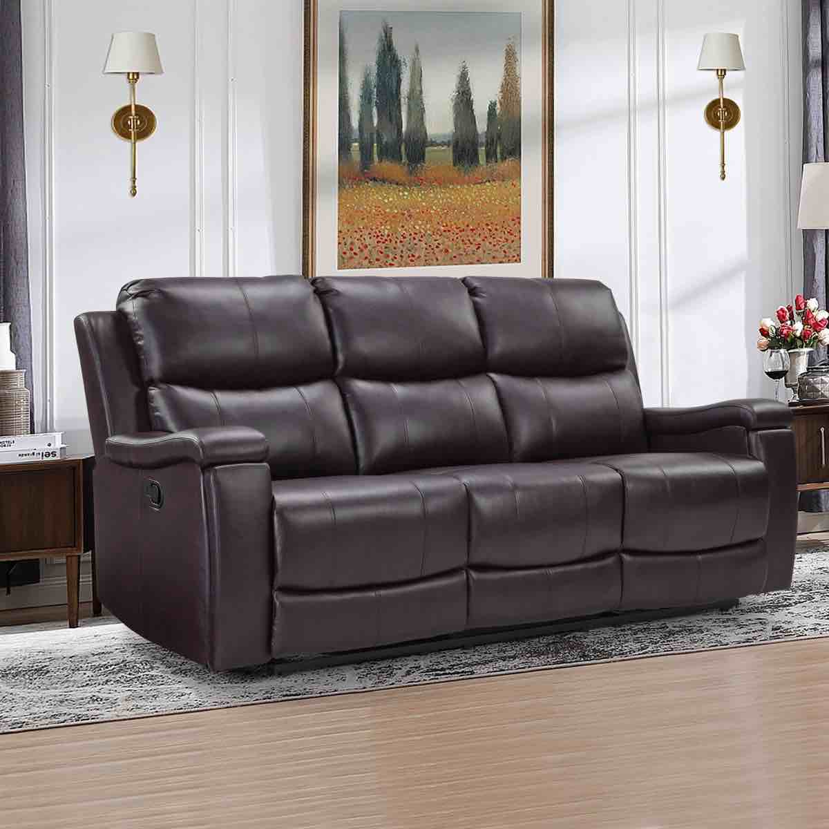 ilkeston 81.6" wide vegan leather manual reclining sofa, 3-seater recliner couch with cup holders. 41'' h x 81.6'' w x 37'' d