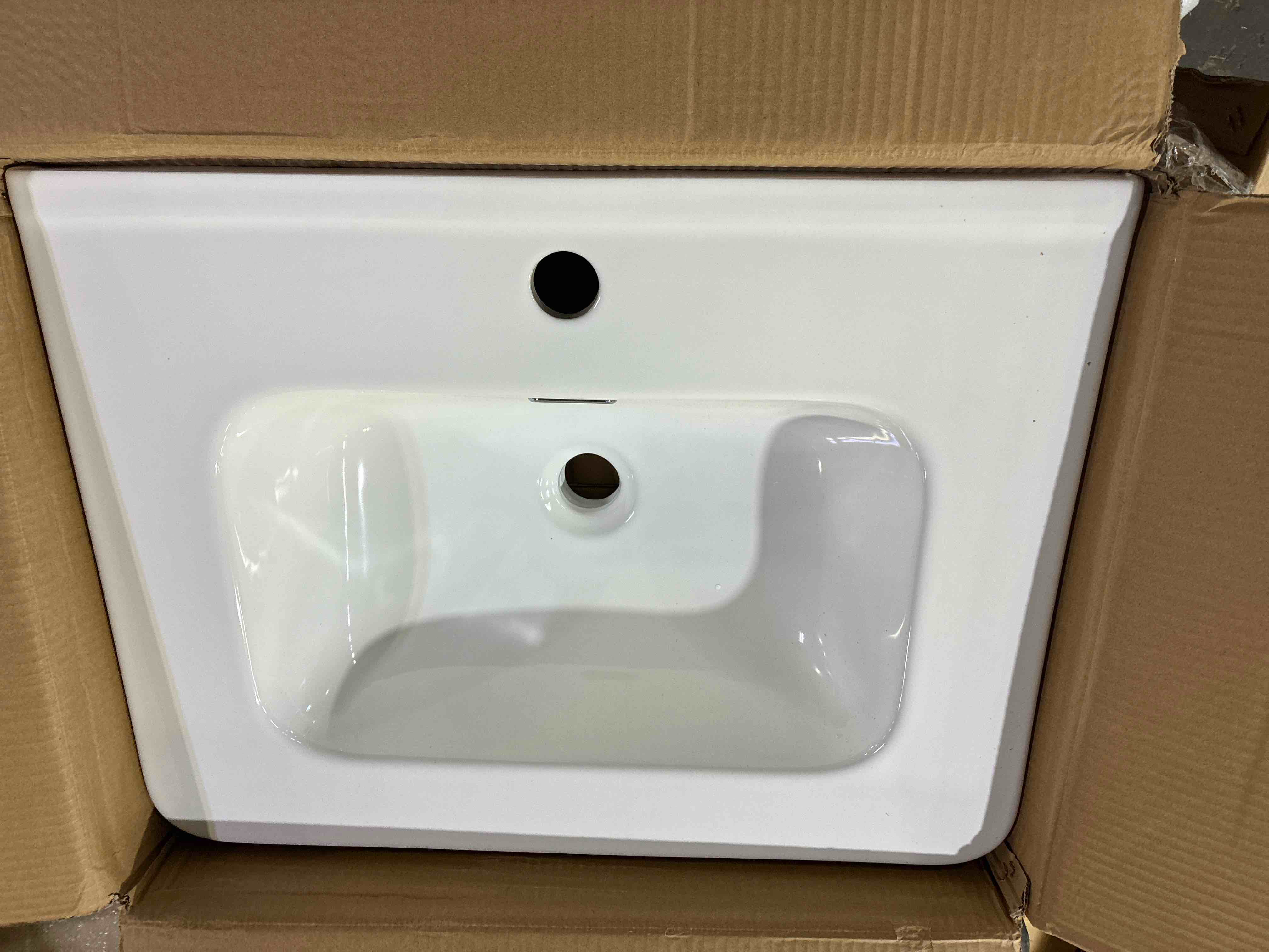 Condition photo showing New/Like New for vinnova mumbai single bath vanity in natural weathering oak with fluted doors, single adjustable shelf, black metal handles and white ceramic sink top. 18.1"d x 24"w x 34.1"h