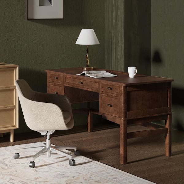 Rainerio Walnut 55.35 in. Modern Desk with 5 Drawers, Hidden Back Comartment, Gold Brushed Knobs, and Solid Wood Legs. Product Depth (in.) 23.62 in Product Height (in.) 30 in Product Width (in.) 55.35 in