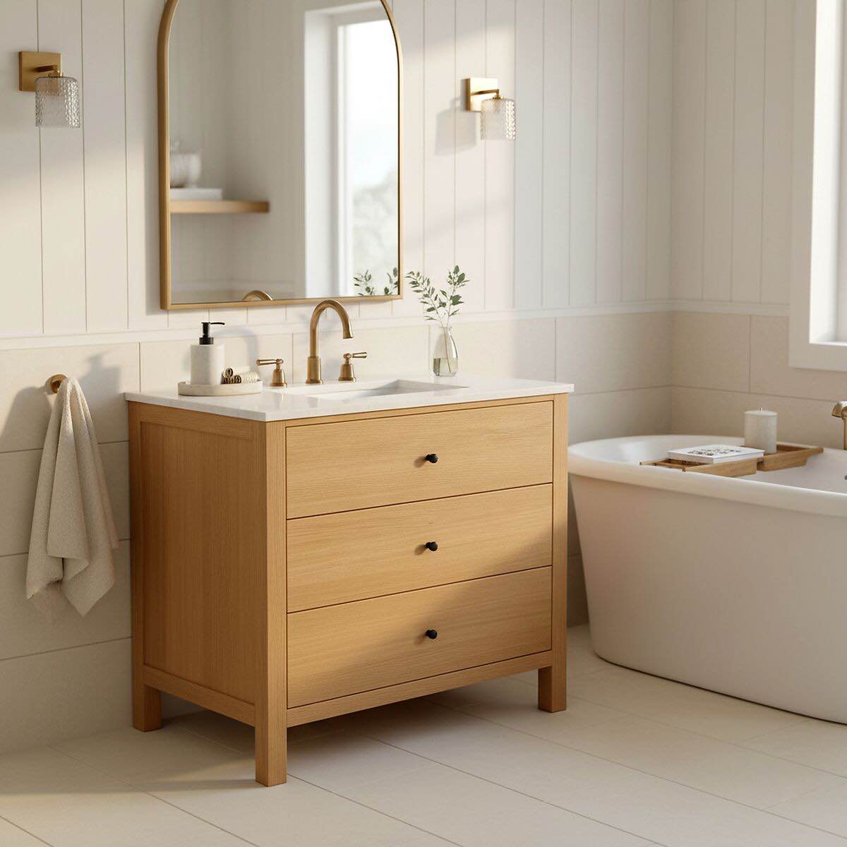 SAFAVIEH Tompkinson Blond Oak 36" Single Bathroom Sink Vanity with 3 Drawers, Black Metal Knobs, and White Marble Top. Very tiny chip on back right corner, is brand new. 33Hx36Wx22D In