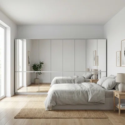 White Wooden 8 Door 126” Full Wall Bedroom Armoire and Clothing Rack with Mirrored Doors and Hanging Rods and Single Bottom Shelves. 126” W x Depth (Inches) 19.7 Height (Inches) 70.9