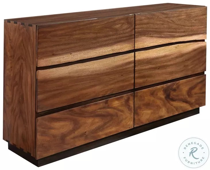 Winslow Smokey Walnut and Coffee Bean 6 Drawer Dresser with Inlet Handles. Bottom drawers need some repair, minor markings along inter frame. 36.25'' H X 64'' W X 18'' D