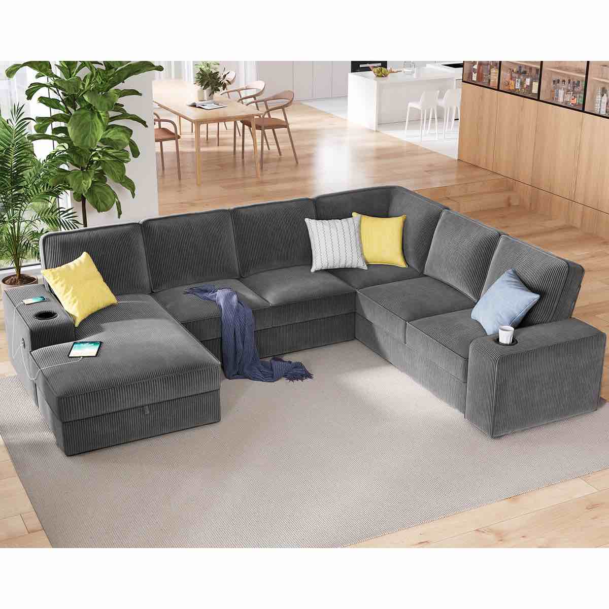 Glendora 112'' Soft Grey Corduroy 6 Seat Sectional Sofa with USB Charging, Chaise Storage & Cup Holders. 34'' H X 112'' W X 90'' D