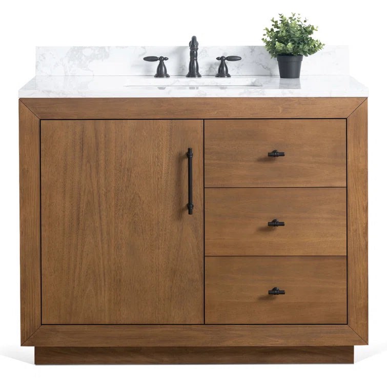 42” Single Sink Bathroom Vanity Crafted From Solid Poplar Wood With An Arabescato White Engineered Stone Top & Matte Black Finished Hardware, Left Side Of Frame Has Damage(Pictured), Shelf Needs Replaced Under Sink(Pictured) 
