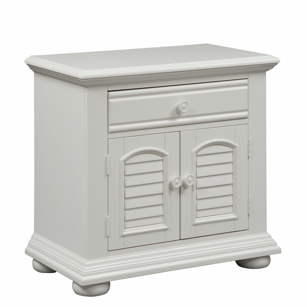 Summer House Collection Nightstand In Oyster White, Fully Stained Felt Lined Top Drawer, 2 Louvered Panel Accented Doors, Adjustable Shelf Behind Doors, Overall Dimensions 31'' H X 29.5'' W X 18'' D, There Are Very Slight Paint Shavings Along The Edge In The Middle Below The Top Drawer(Pictured, Could Be Hard To See) Thin Split In The Paint On The Bottom Left Side In the Front (Pictured) Otherwise Brand New Condition