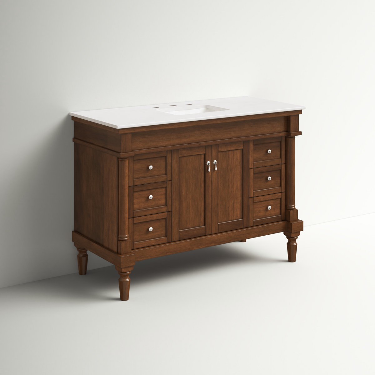 48'' Single Bathroom Vanity In Walnut With A Ivory White Marble Countertop And Brushed Nickel Finished Hardware, Overall Dimensions 35'' H X 48'' W X 21.5” D, Front Left Corner Needs Glued Back On And Or Repaired (Pictured) 