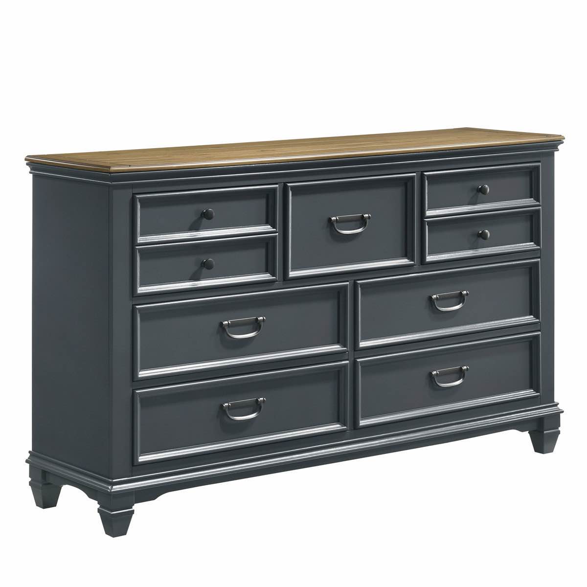 Semaj 63'' 7 Drawer Dresser In Slate Blue With A Honey Oak Finish Top And Matte Black Hardware, Overall Dimensions 63"W x 17.4"D x 38.6"H, Top Right Drawer Hinges Need Replaced, Minor Quarter Inch Scrape On Top Of Dresser.(Both Are Pictured) 