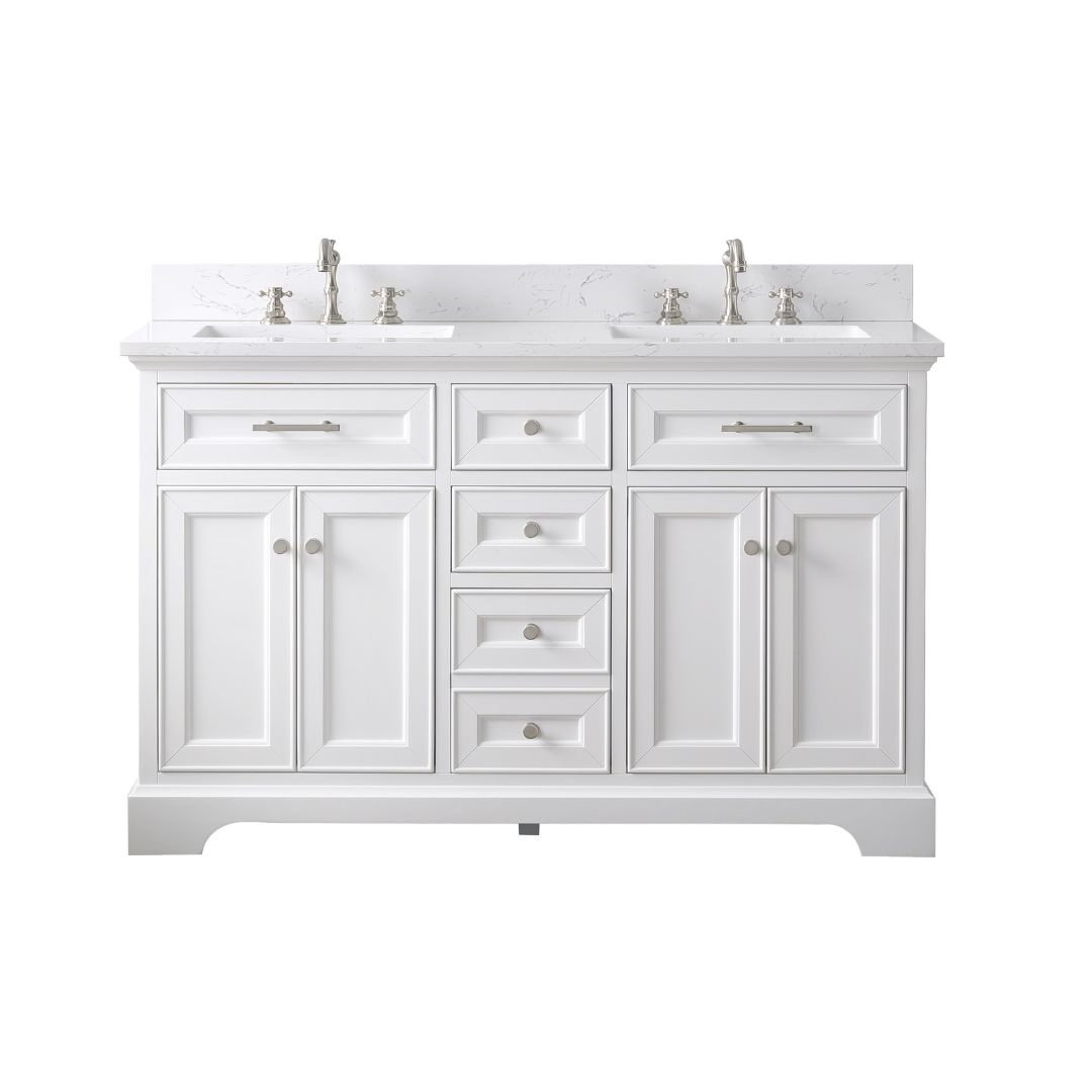 THOMPSON 54? White Double Sink Vanity with Carrara White Top And Bushed Nickel Hardware, Overall Dimensions 54”W x 22”D x 34”H, Small Wood Splits Along The Back, Chip And Crack On The Marble Top (Pictured) 