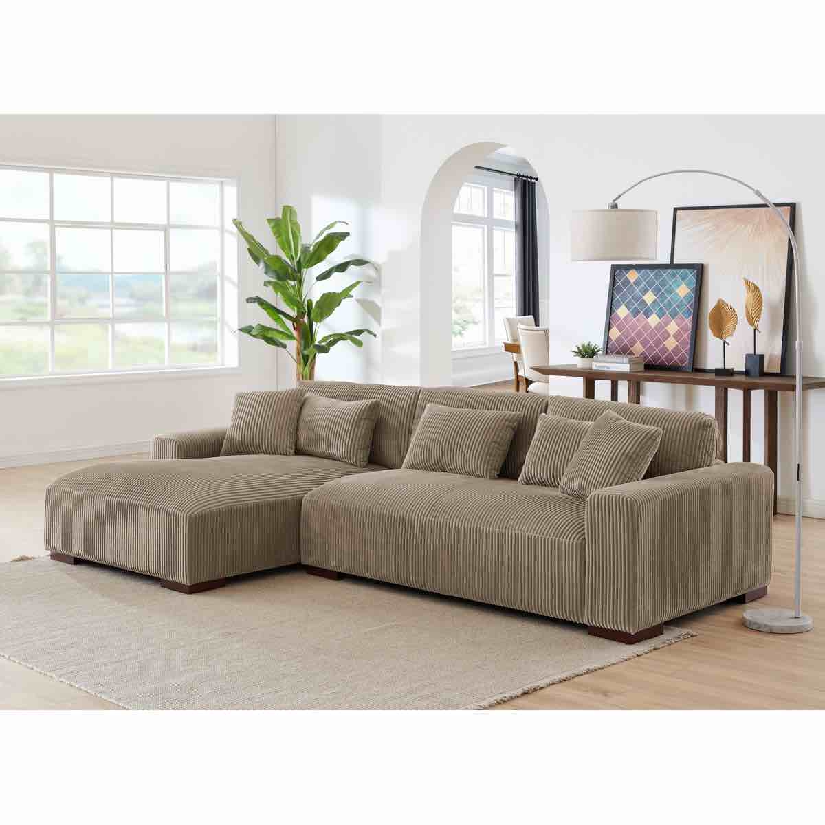 Asyiah Upholstered 2 Piece 3 Seat L-Shaped Soft Brown Corduroy Sectional with Rich Brown Wooden Feet. Accent pillows included. 31'' H X 114.5'' W X 67'' D