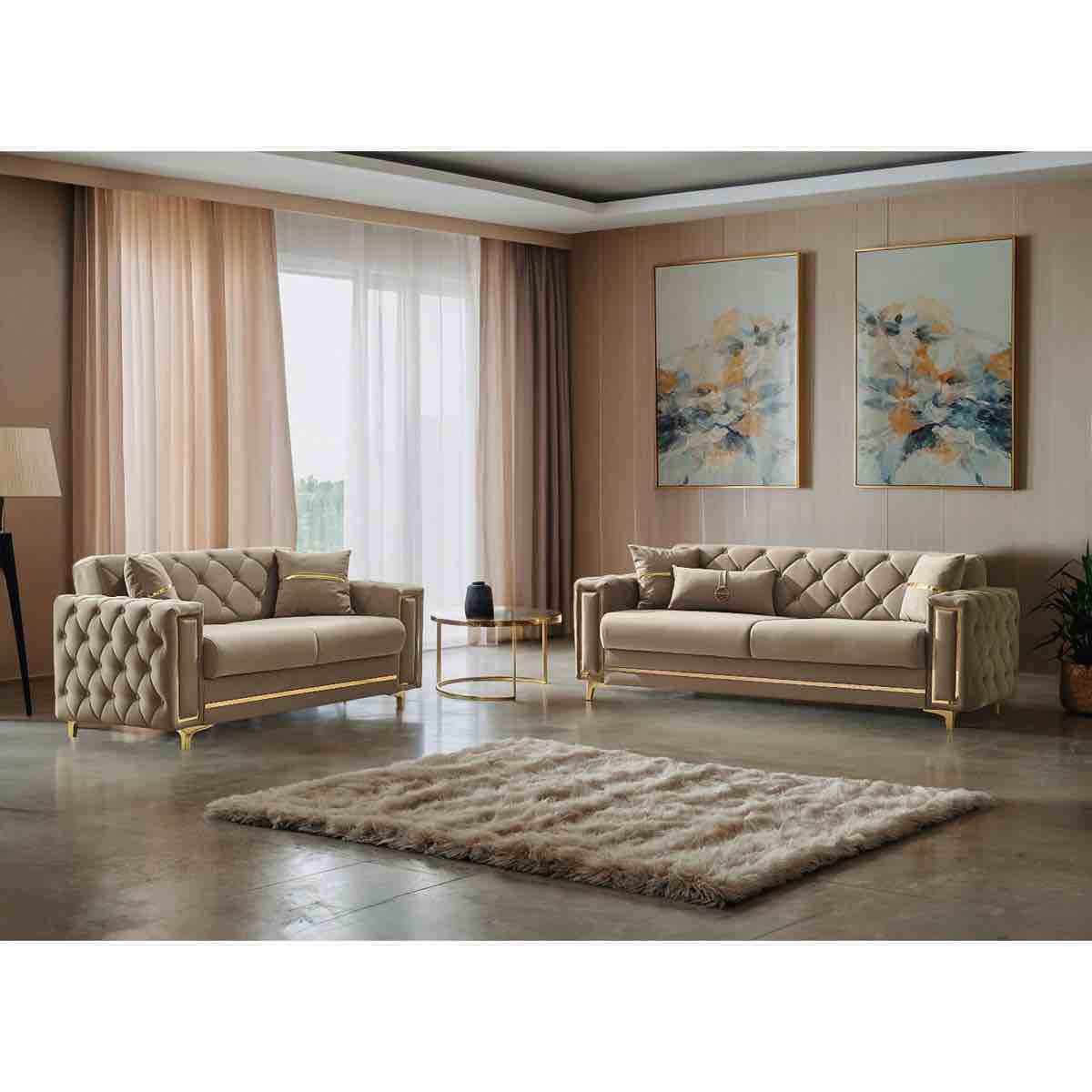 Kedrum 2 - Piece Beige Velvet Sofa And Loveseat Set With Gold Framing (Row 19)