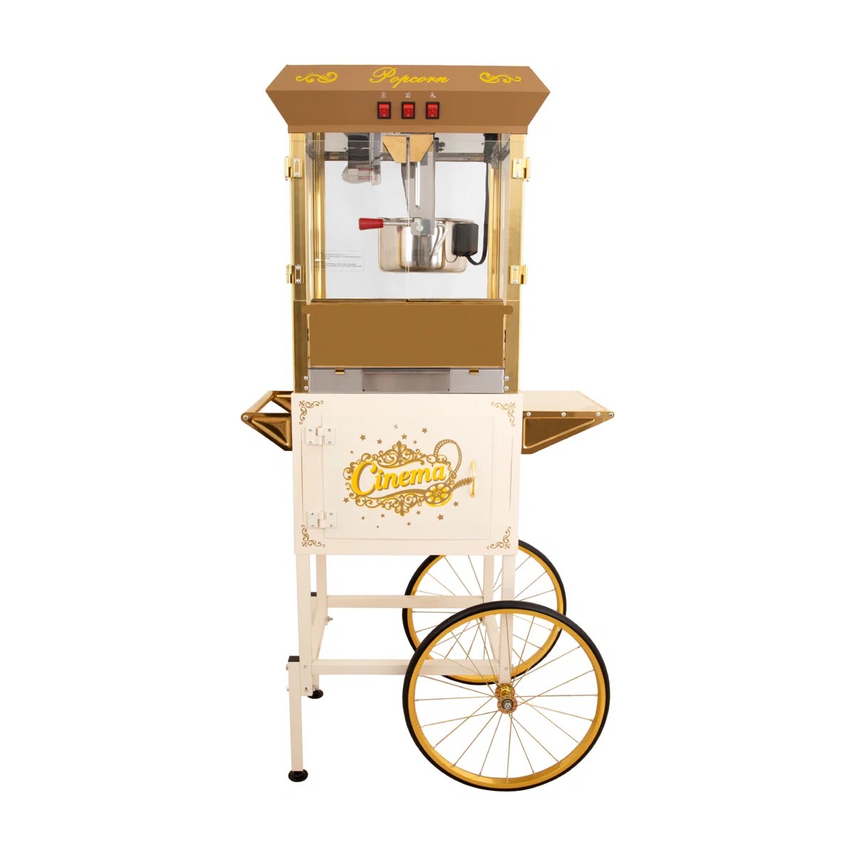 Vintage White & Gold Popcorn Machine With Cart, 18oz Popper Stainless-steel Kettle & Warming Light, Makes Up To 80 Cups, Indent In Top Of Popcorn Machine (Pictured), All 3 Switches Light Up & Agitator Turns When Plugged In And Switched On, Overall Dimensions  58.86'' H X 30.71'' W X 20.47'' D