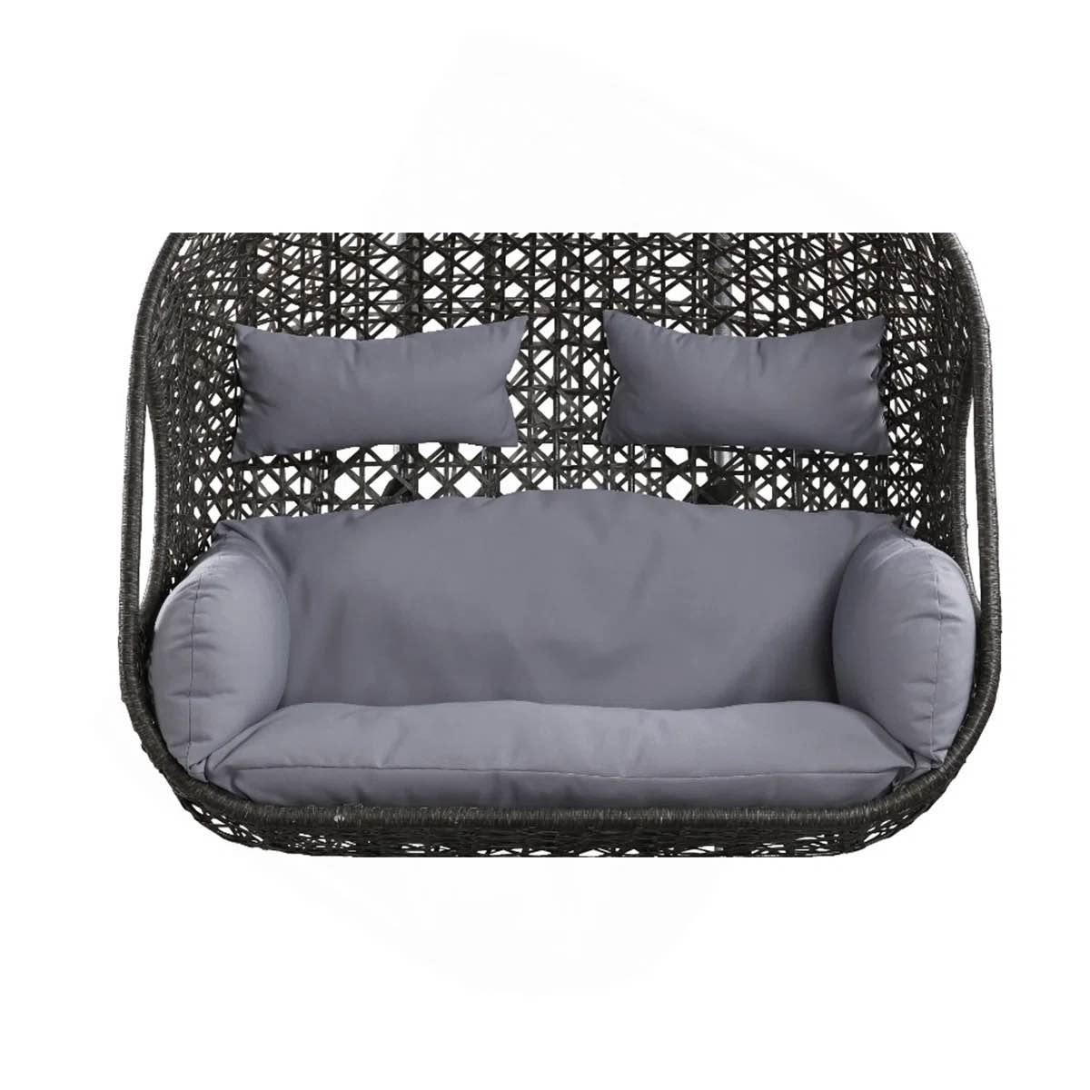 Smoke Gray & Rattan Wicker 2 Person Egg Chair With Blue Cushion And Pillows, Hardware Is Included, Replacement Base Will Need To Be Purchased, Can Find On HammockGiant for $199, (Pictured In Pictures, Along With Stock Photos Of Egg Chair) 