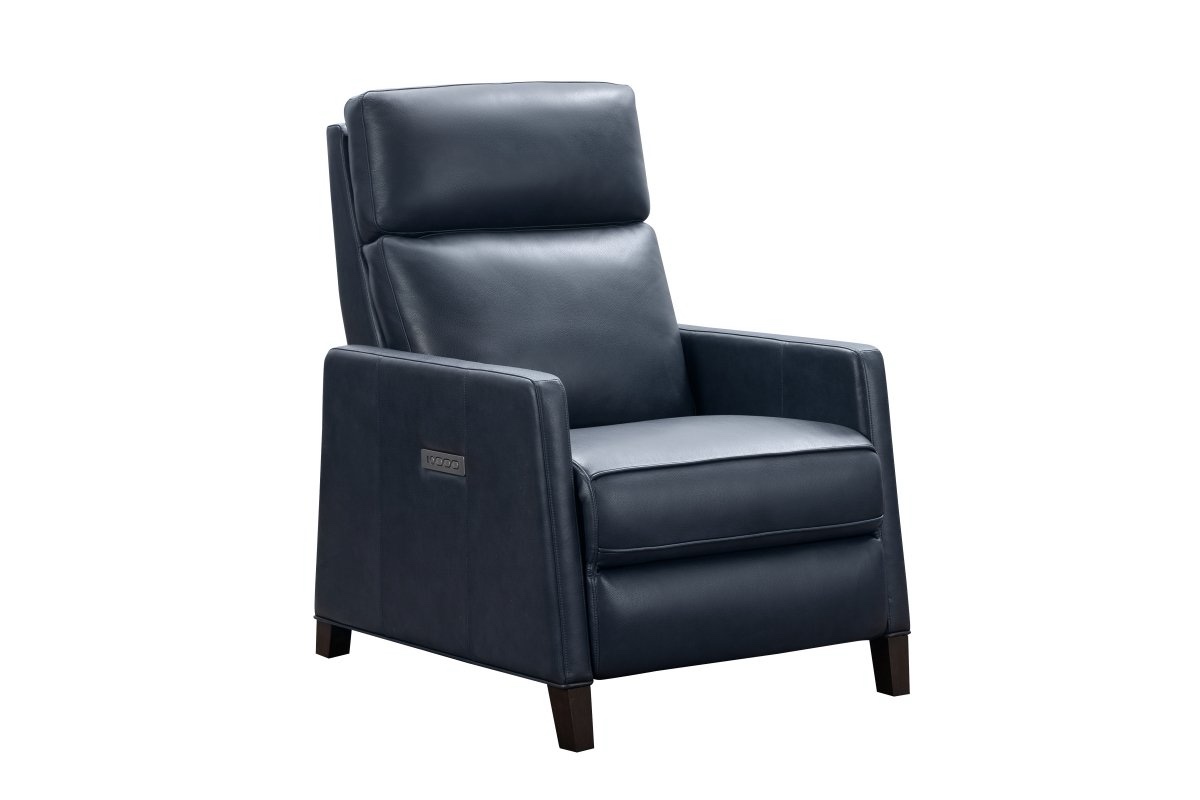 james navy blue leather full body power recliner with wooden legs. minor chipping on legs, otherwise brand new. d 39.5" w 30.75" h 44" in