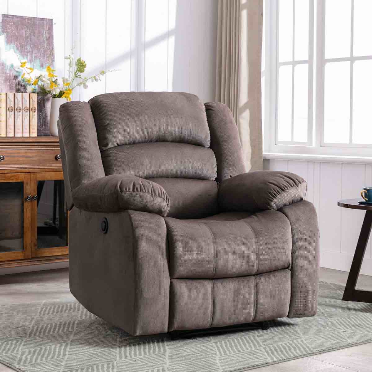 Condition photo showing New/Like New for 37.1" dusty brown wide modern and super soft overstuffed power standard recliner with padded armrests. 40.5'' h x 37.1'' w x 38'' d