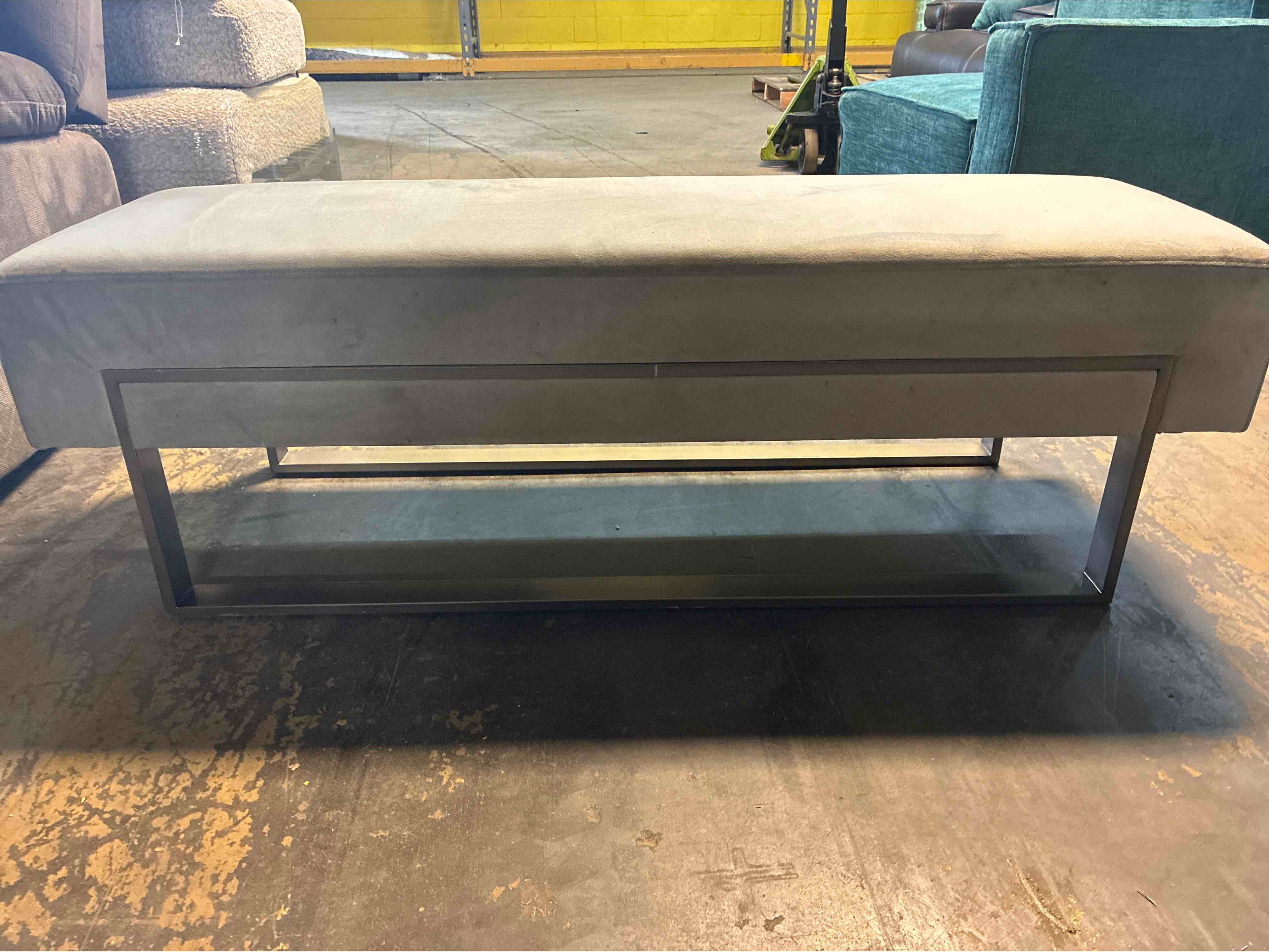 Condition photo showing Good Condition for caracole grey velvet la moda bench with rectangle metal frame with brushed nickel finish, minor scratches along metal frame and paint scuff on back side, otherwise brand new. 18.25” h x 55” w x 18” d