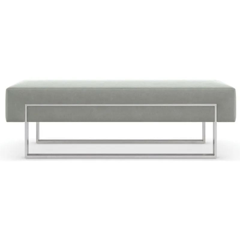 caracole grey velvet la moda bench with rectangle metal frame with brushed nickel finish, minor scratches along metal frame and paint scuff on back side, otherwise brand new. 18.25” h x 55” w x 18” d