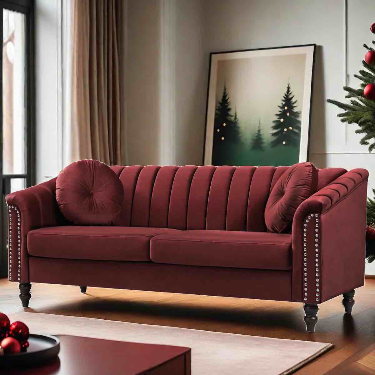 75 in. Round Arm Wine Red Velvet Line Tufted 2 Seat Sofa by Lifestyle Solutions (Row 16)