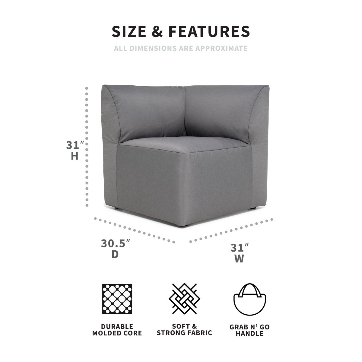 Condition photo showing New/Like New for big joe linen light grey patio corner chair, 31'' h x 31'' w x 30.5'' d this corner patio chair is just the spot to curl up with a good book out on your deck or balcony