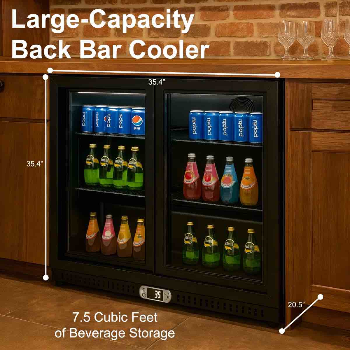 Condition photo showing New/Like New for vitlife back bar cooler with 2 glass doors, under counter beverage refrigerator with led,7.5 cu.ft. counter height commercial bar fridge. 35.4'' h x 35.4'' w x 20.5'' d