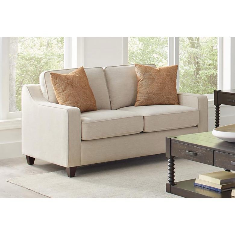 Condition photo showing Good Condition for coaster furniture christine 2 seat loveseat in beige with accent pillows and rich wooden feet, minor tear on right back bottom. 63.25"w x 36.25"d x 36.25"h - 113.3lbs.