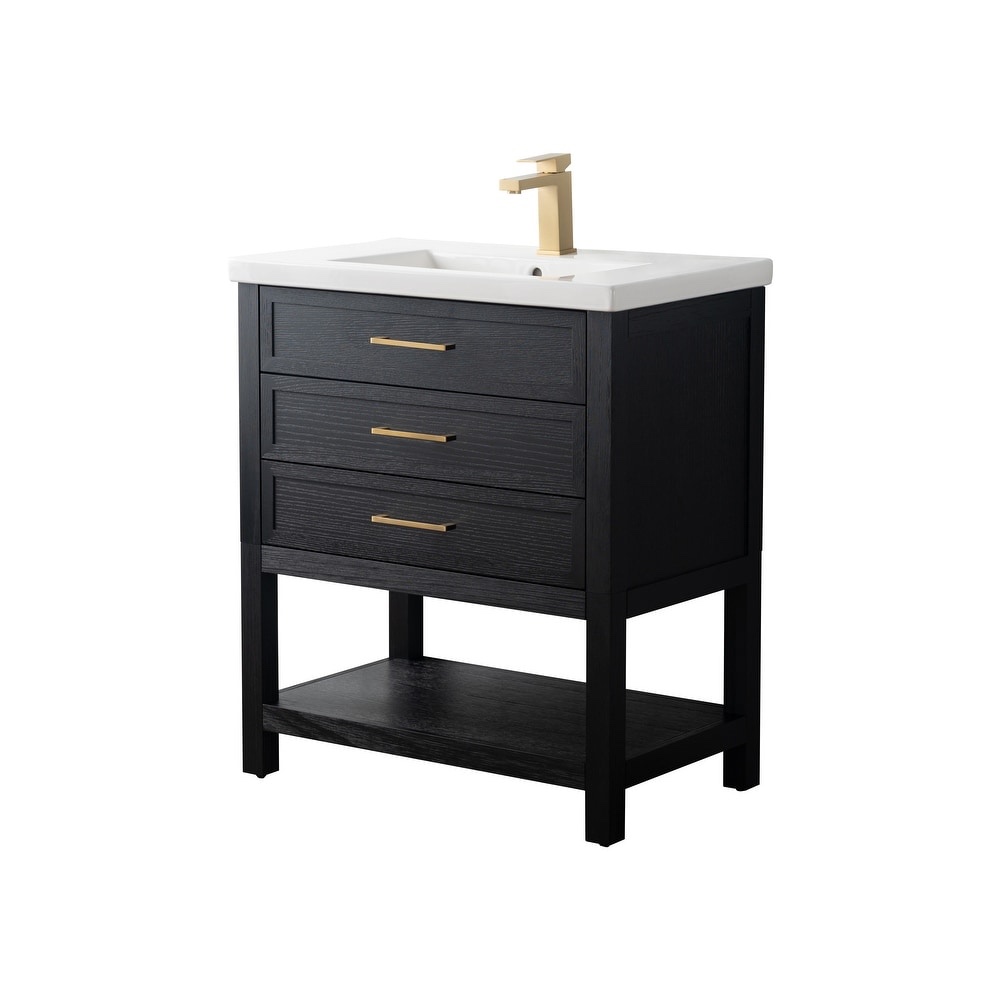 Condition photo showing New/Like New for sudio design oliver 30" espresso black oak single bathroom sink vanity with 1 drawer, gold brushed handles, and white ceramic top.  30 in. w x 18 in. d x 34 in. h