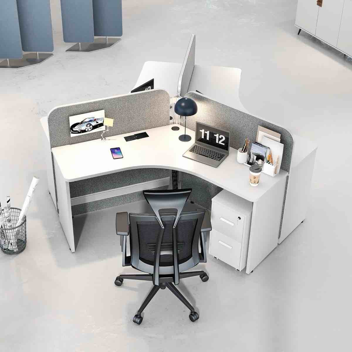 low wall 3 person powered cubicles in grey/white. 6 boxes total
