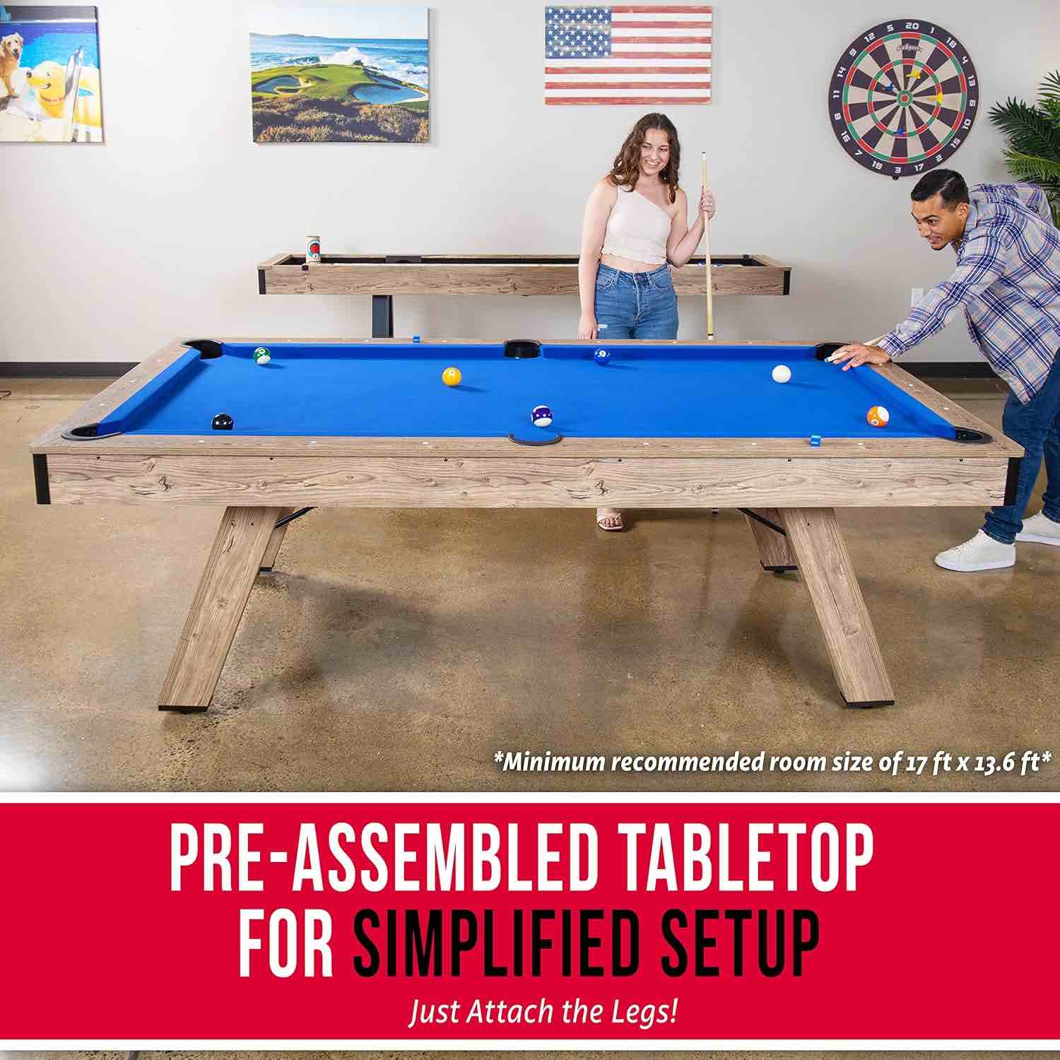 gosports 8 ft pool table with wood finish - modern billiards table with 2 cue sticks and ball set. minor tears in felt, right leg needs repair, left siding needs replaced. 