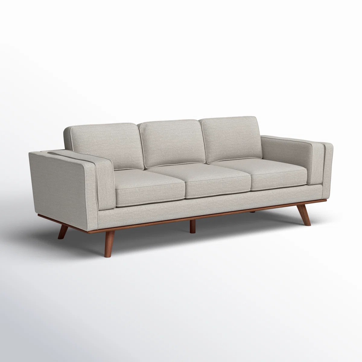Condition photo showing Good Condition for estes inayat 84'' khaki soft linen 3 seat upholstered sofa with rich wooden trim and legs. minor chip on front left side of trim, otherwise beautiful condition. 34.1'' h x 84'' w x 37.2'' d