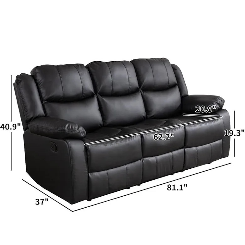 Condition photo showing New/Like New for latitude run vegan black leather 3 seat manual reclining sofa, 40.9'' h x 81.1'' w x 37'' d