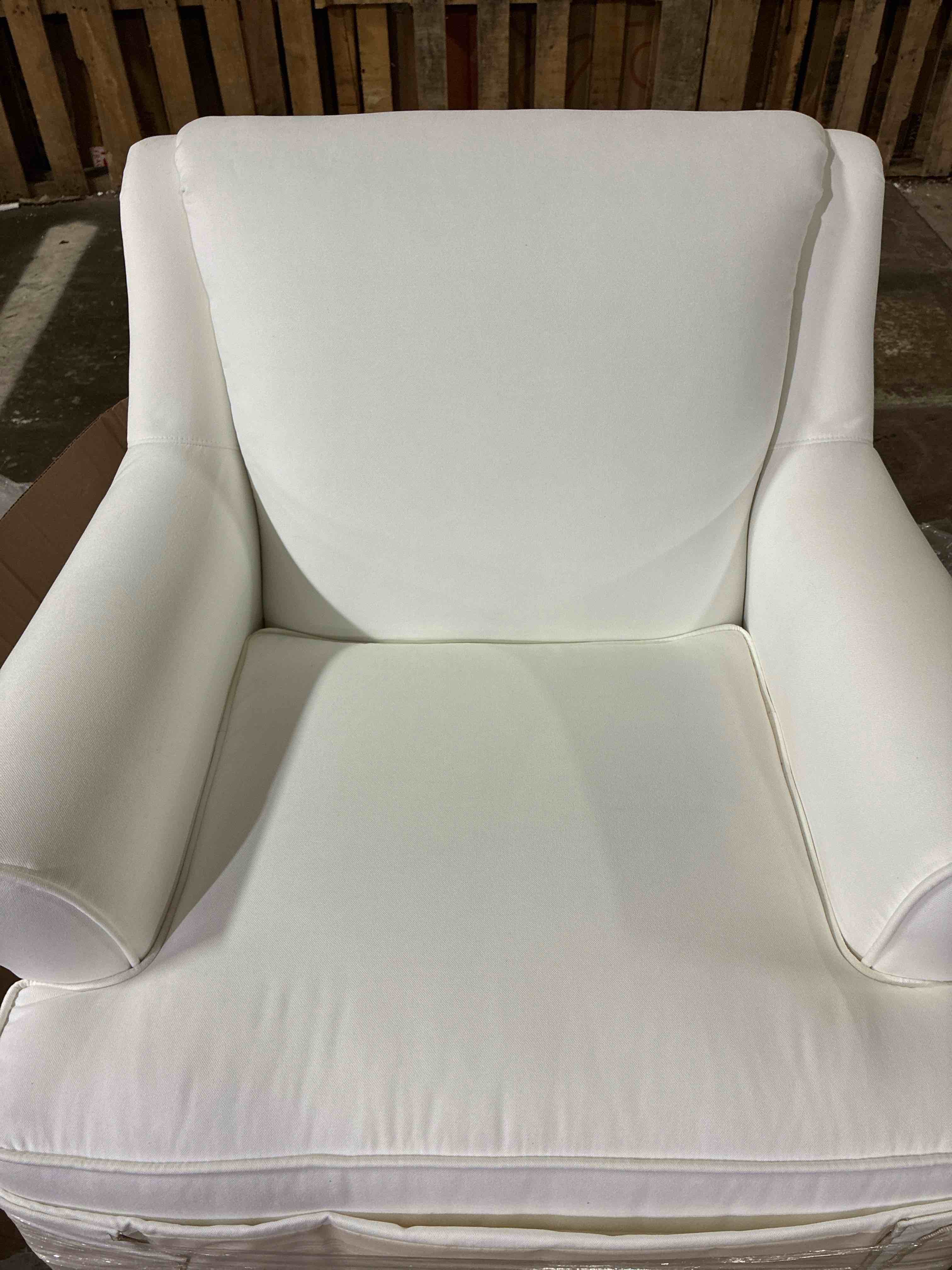 Condition photo showing New/Like New for pottery barn buchanan roll arm white woven slipcovered chair