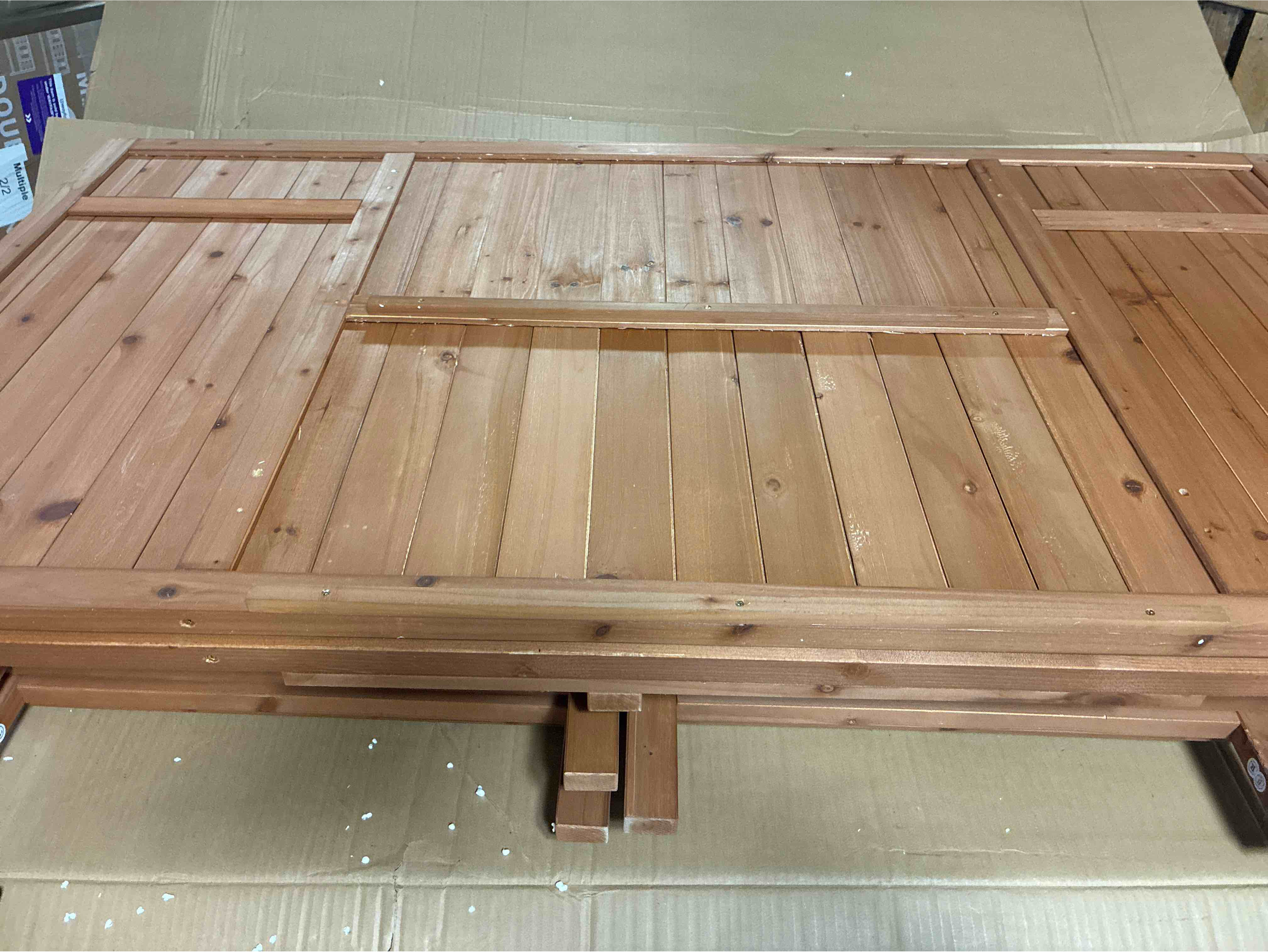 Condition photo showing New/Like New for leisure season cedar wood buffet server with cooler compartment in rich brown, 4 doors, 2 drawers, and a metal top. minor nick on inner side door, is considered brand new 60 in. w x 24 in. d x 36 in. h