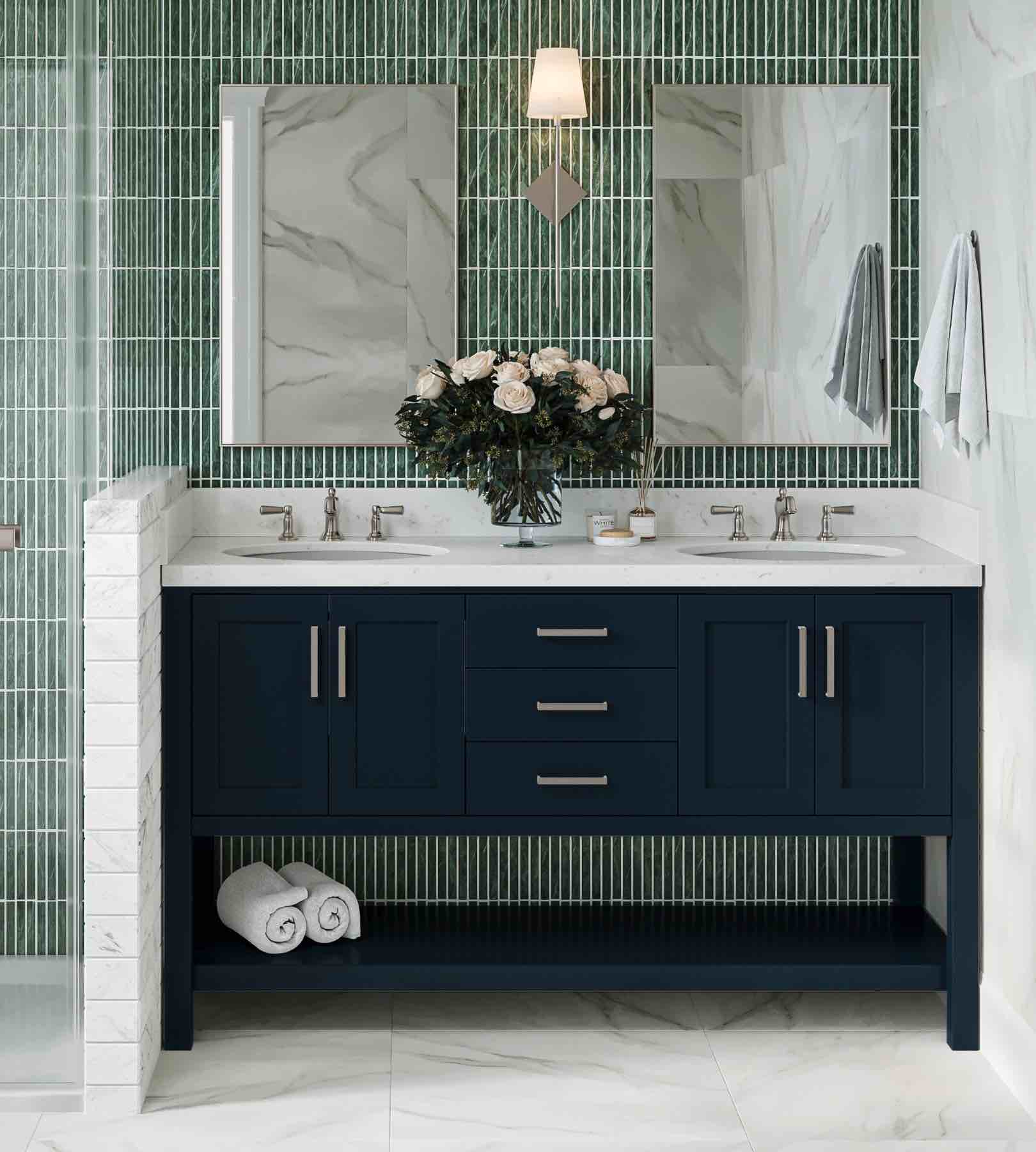 Condition photo showing New/Like New for ariel magnolia 60 in. double bathroom vanity in midnight blue, 2 open space cabinets, 3 drawers, and nickel brushed metal handles. sink top sold separate can be purchased through ariel. 60"w x 21.5"d x 34.5"h