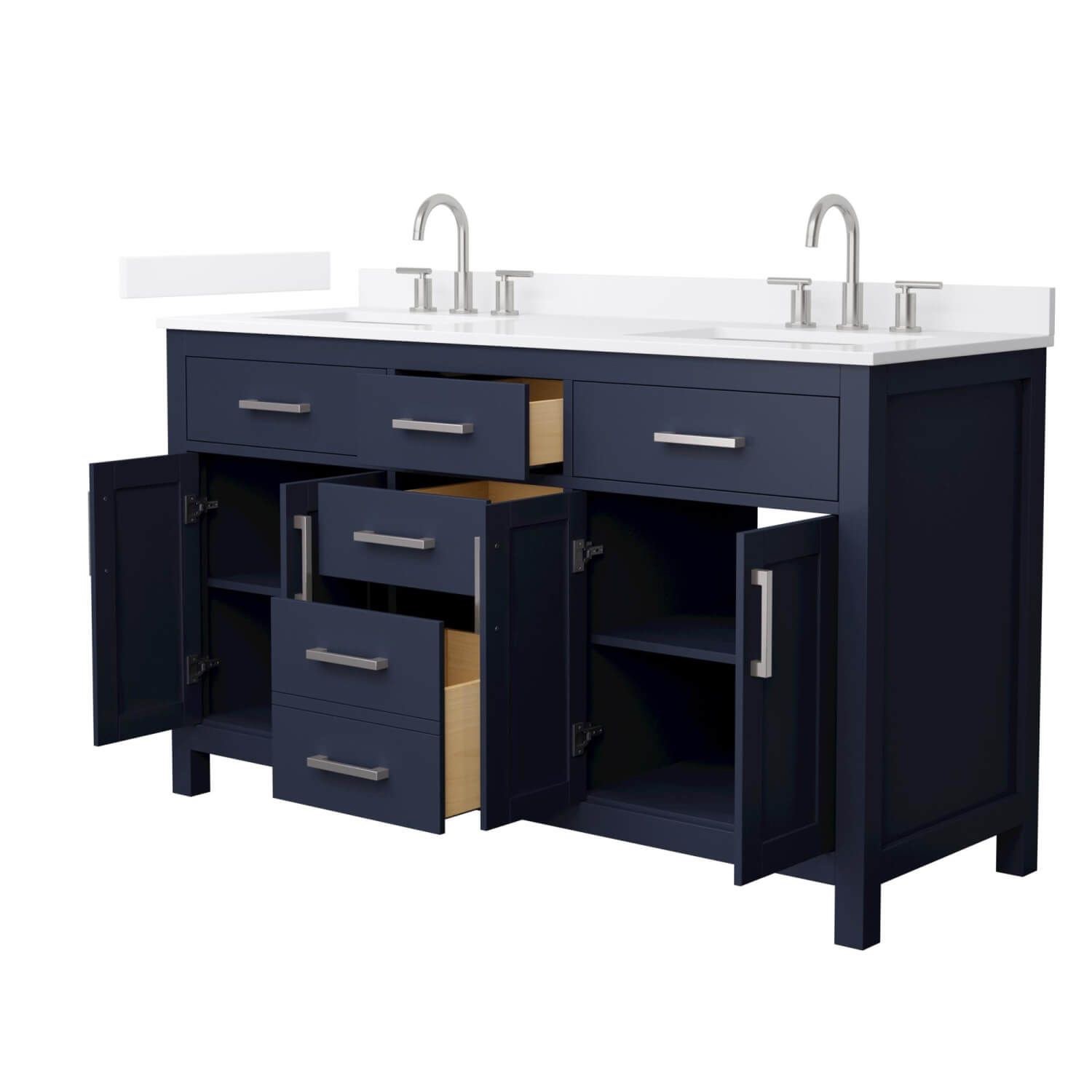Condition photo showing As Is for wyndham collection beckett 60 inch midnight blue double bathroom sink vanity with 2 single shelf cabinets, 6 drawers, white quartz countertop and brushed nickel trim. sink top needs filled in along back, left back frame needs restabilized, front in beautiful condition. product width : 60 inch product height : 35 inch product depth : 22 inch
