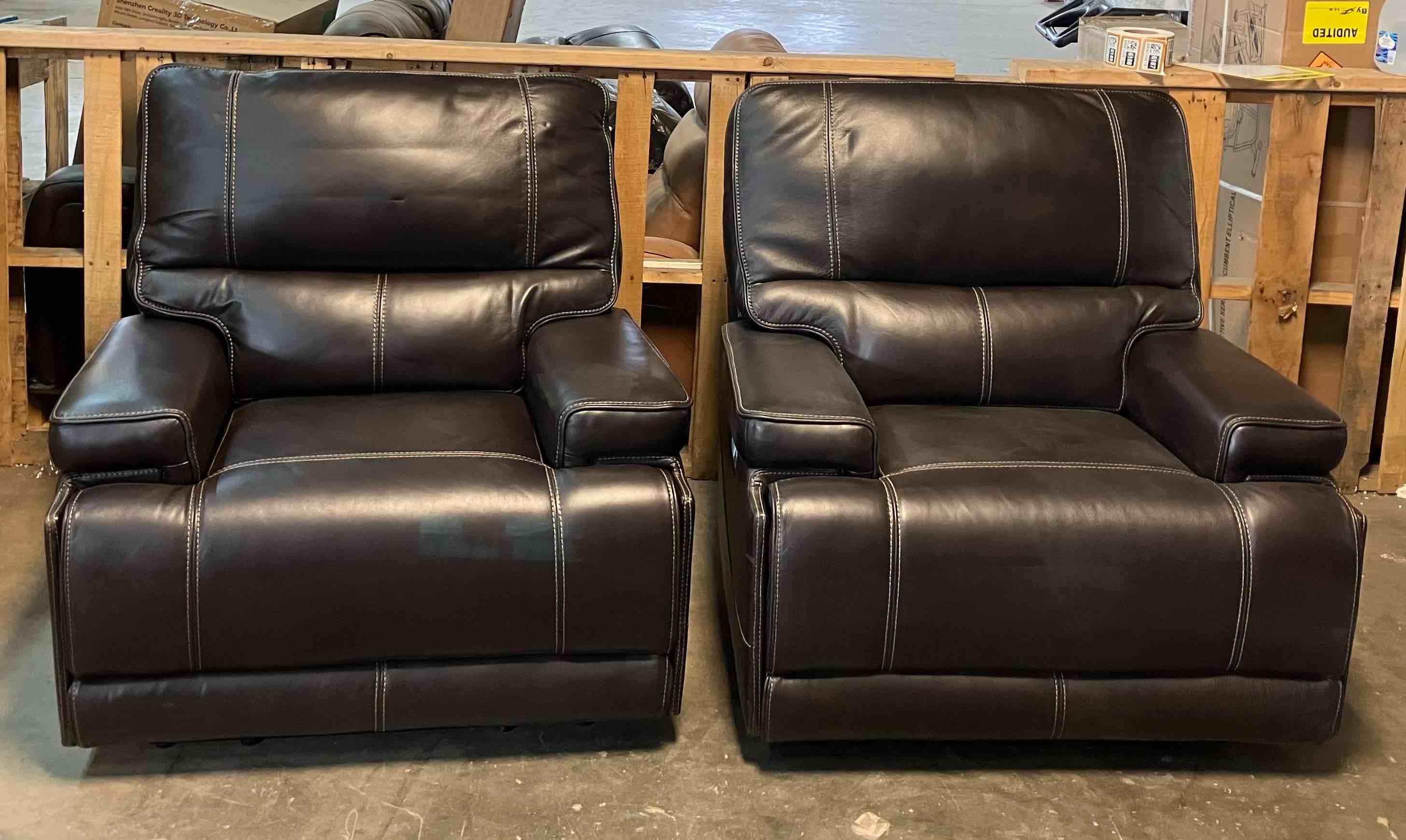 Condition photo showing Good Condition for whitman cordless power recliner set of 2 in verona coffee - (good condition because one chair has some small scratches and scrapes, and the other has small scratches and 5 small holes across the top back side. neither chair comes with power supply)