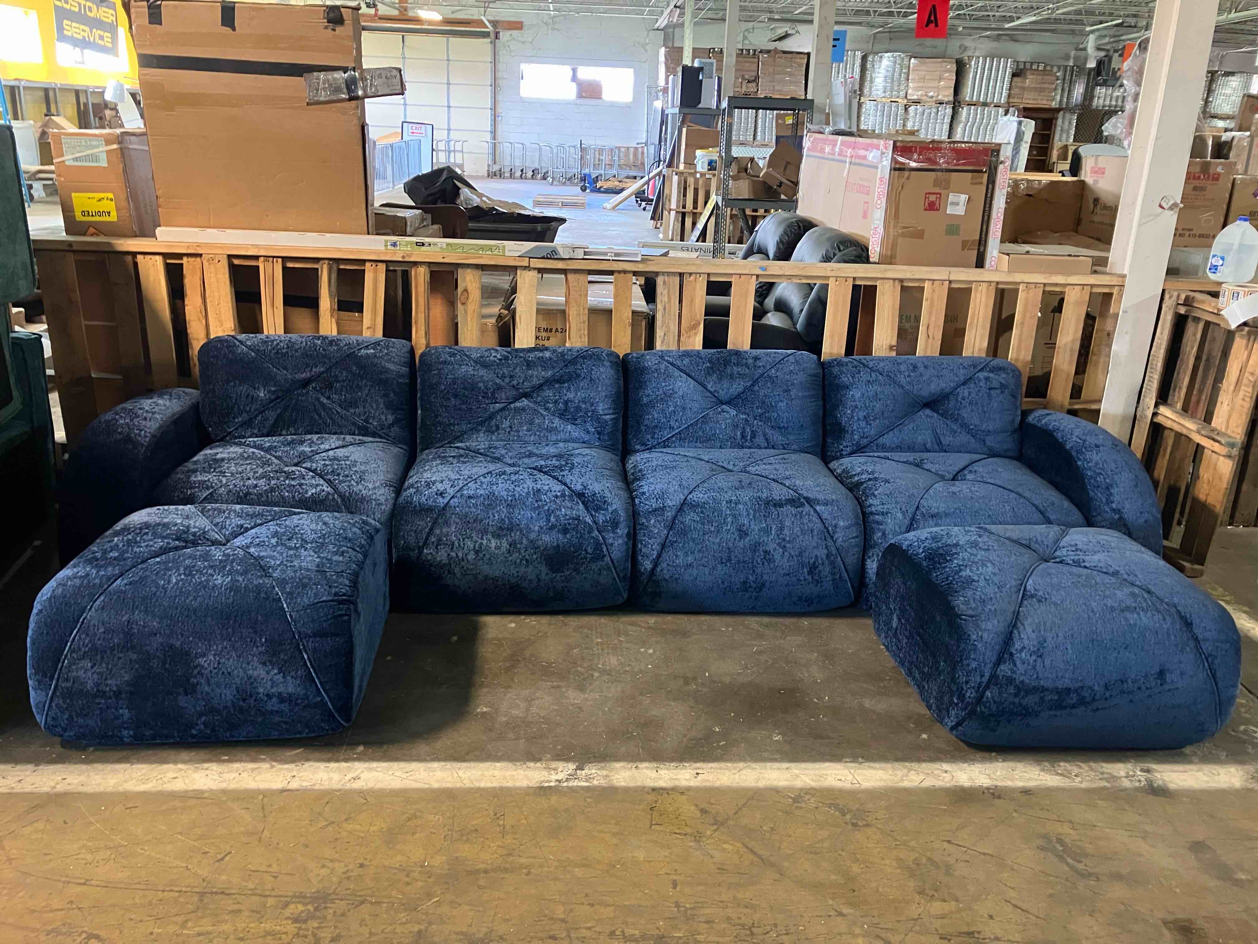 Condition photo showing New/Like New for reigle u-shaped velvet upholstered sectional sofa with 2 movable ottomans