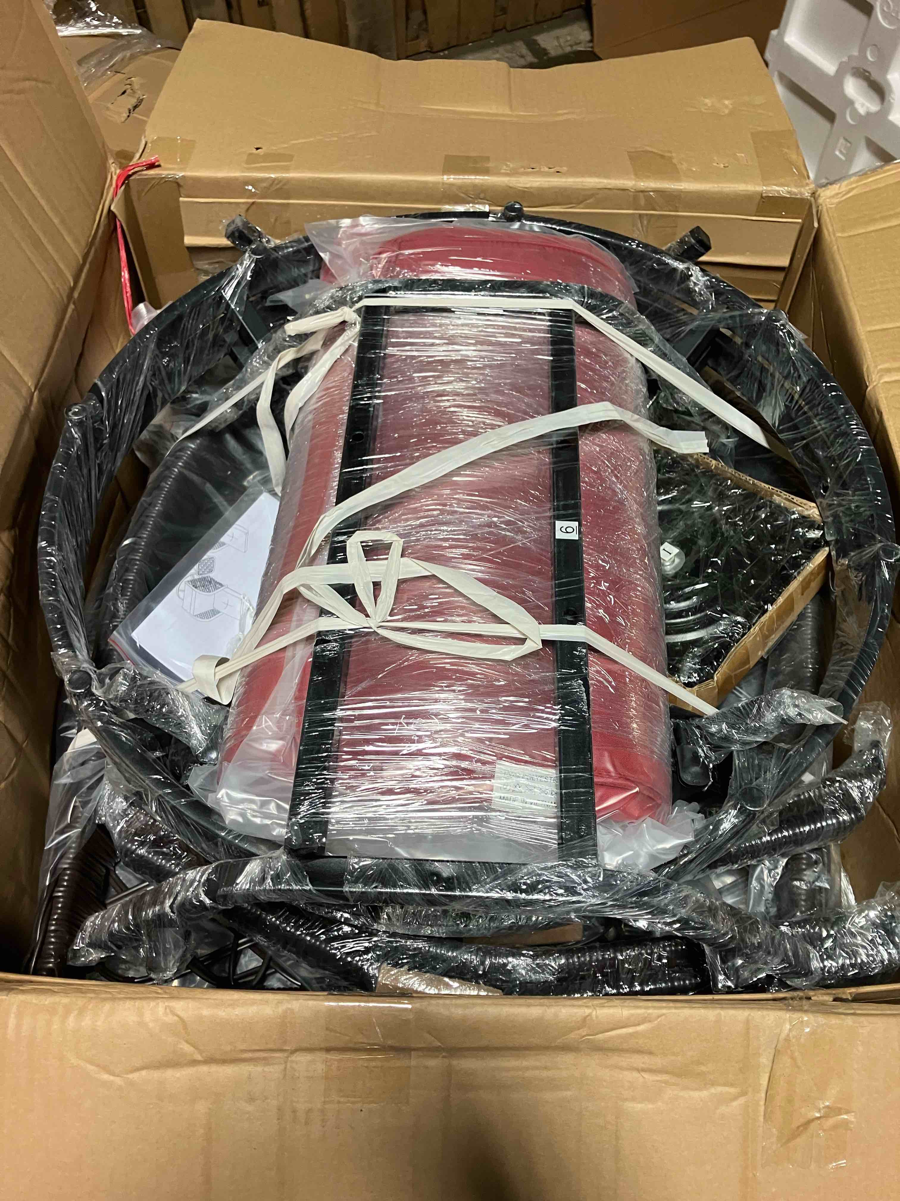 Condition photo showing New/Like New for 3-piece outdoor wicker patio bistro set, 360° swivel patio set - red - 47.64"d x 29.53"w x 11.02"h