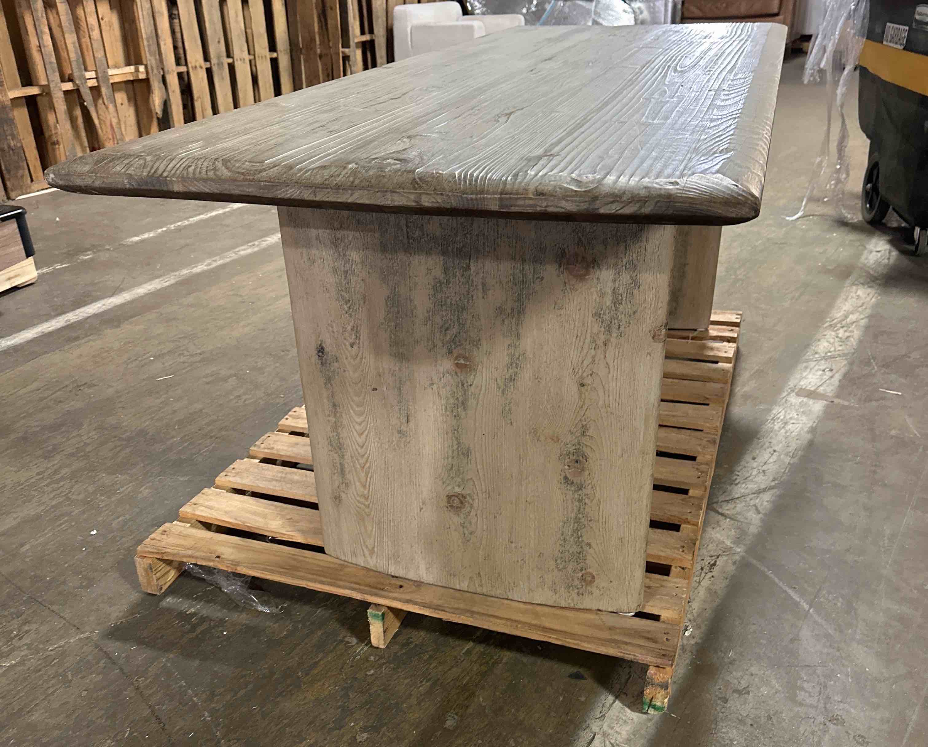 Condition photo showing Good Condition for 80" rustic wood dining table - distressed gray finish, double pedestal base, farmhouse style 80”x32” - (good condition because of some scratches and marks on table top and legs, also item does not come with mounting hardware to secure legs to table top)