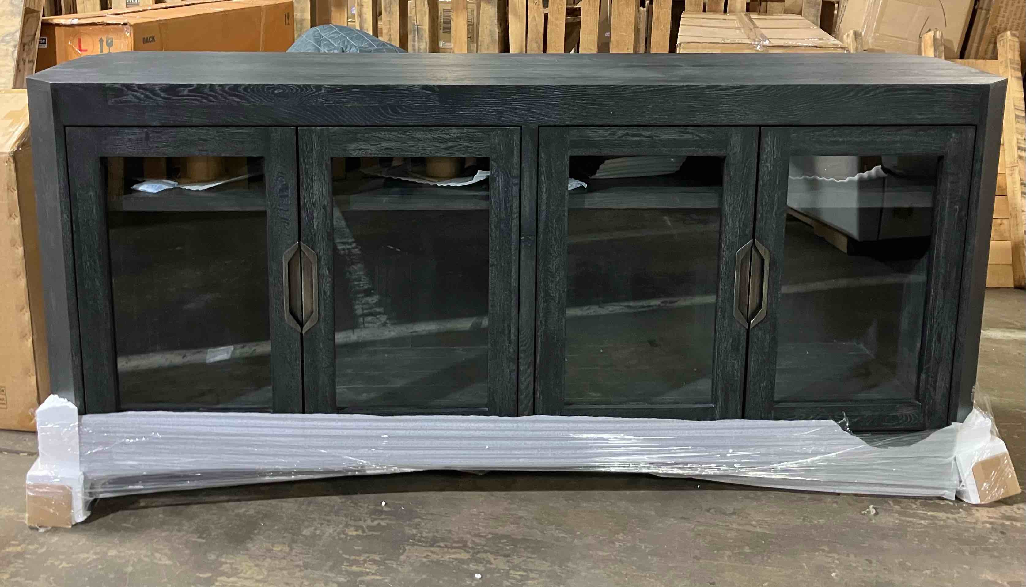 Condition photo showing New/Like New for macarthur 4 door 84inch cabinet, aged oak black