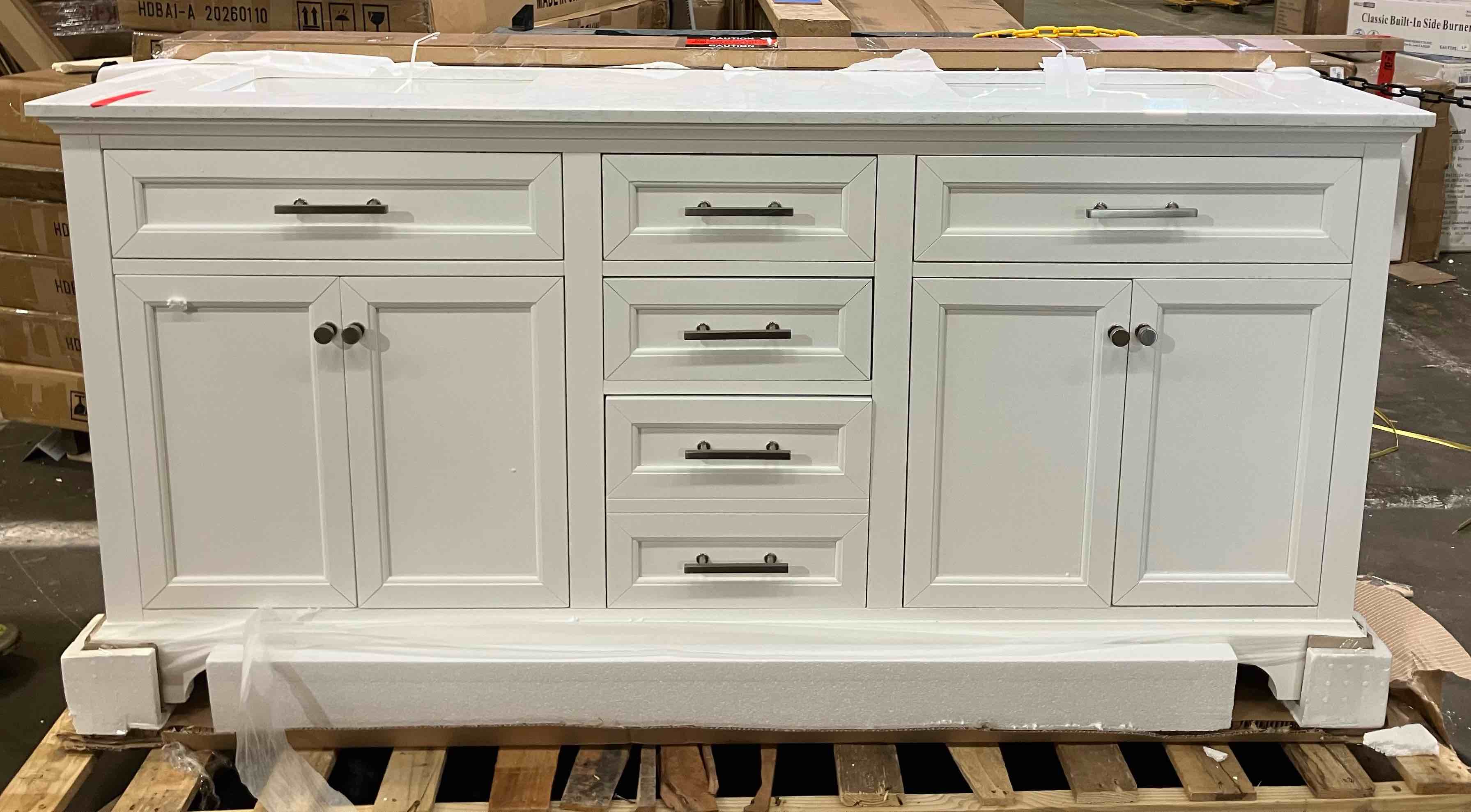 Condition photo showing Good Condition for deervalley 72 in. double sink freestanding white wood bath vanity with white engineered marble top and 3-faucet holes (assembled) - (good condition because of 5 cracks to the ceramic top, pictured)