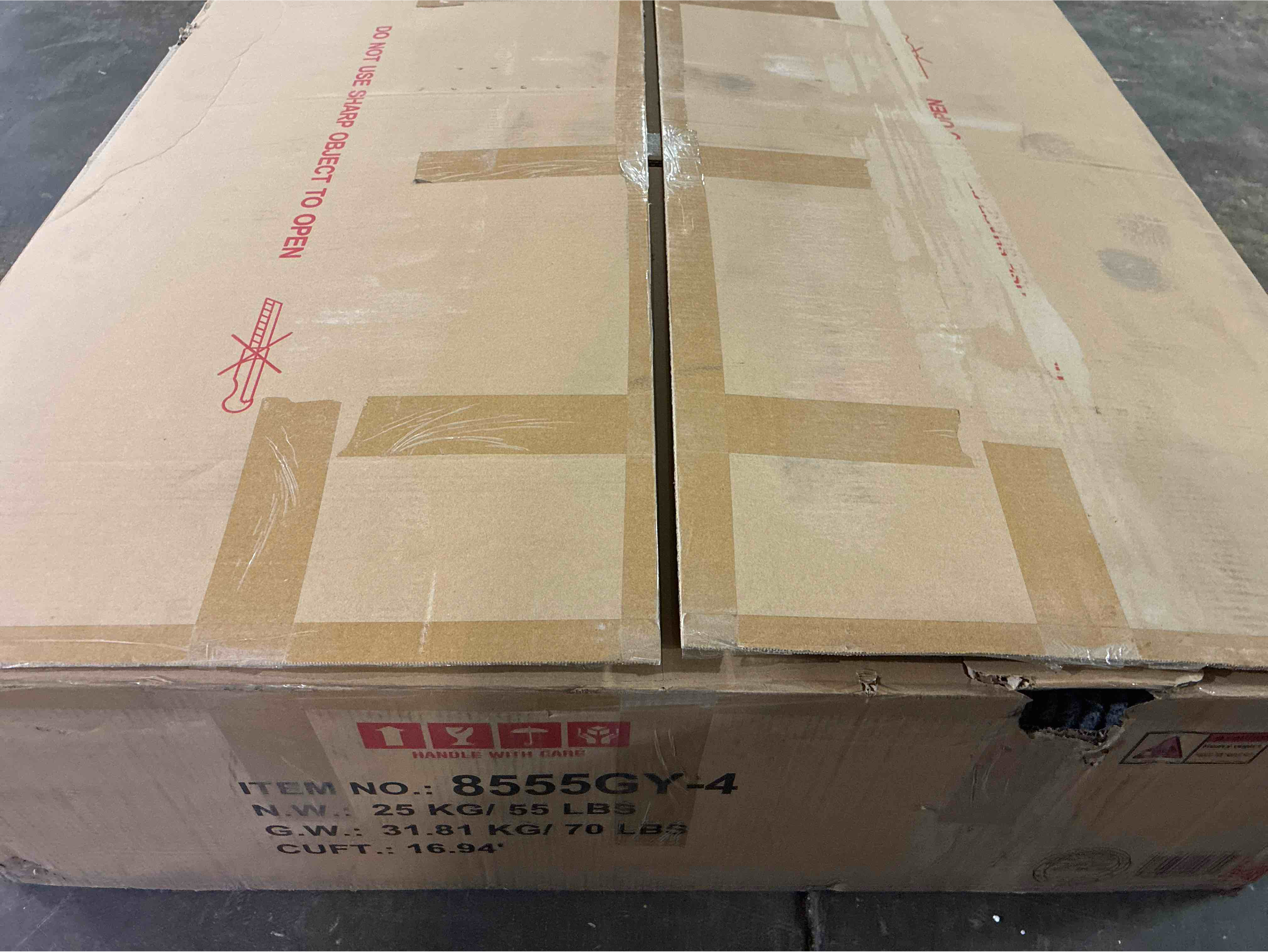 Condition photo showing New/Like New for soft gray corduroy square ottoman, 45 x 45 x 18h