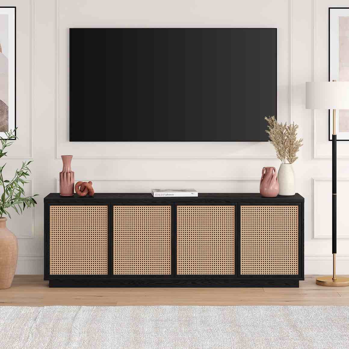 pryce black wood grain 4 door single shelf tv stand for tv's up to 78" with cane woven door panels. small tear in right bottom cane panel, tiny cosmetic marks along top, otherwise beautiful condition. 70” l x 15.5” w x 25.5” h
