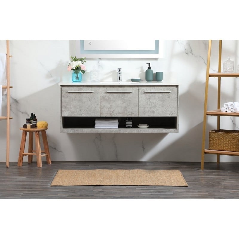 Condition photo showing As Is for elegant furniture lighting vf43548mcg-bs roman 48 inch concrete grey single sink bath vanity with 3 drawers, open space base shelf, brushed nickel handles. inner sink bowl needs resealed or replaced, otherwise beautiful condition. 48 inch l x 0.71 inch w x 3.94 inch h
