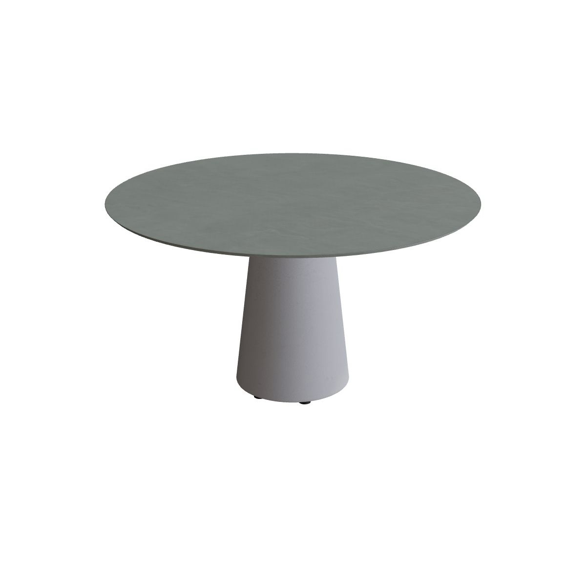 Custom Mix and Match Coffee Table, TANGO Round Concrete Style White Painted Round Metal Base with Apex Grey Sintered Stone Top. Minor scuff marks on left side otherwise brand new. 31.5 W x 29 H