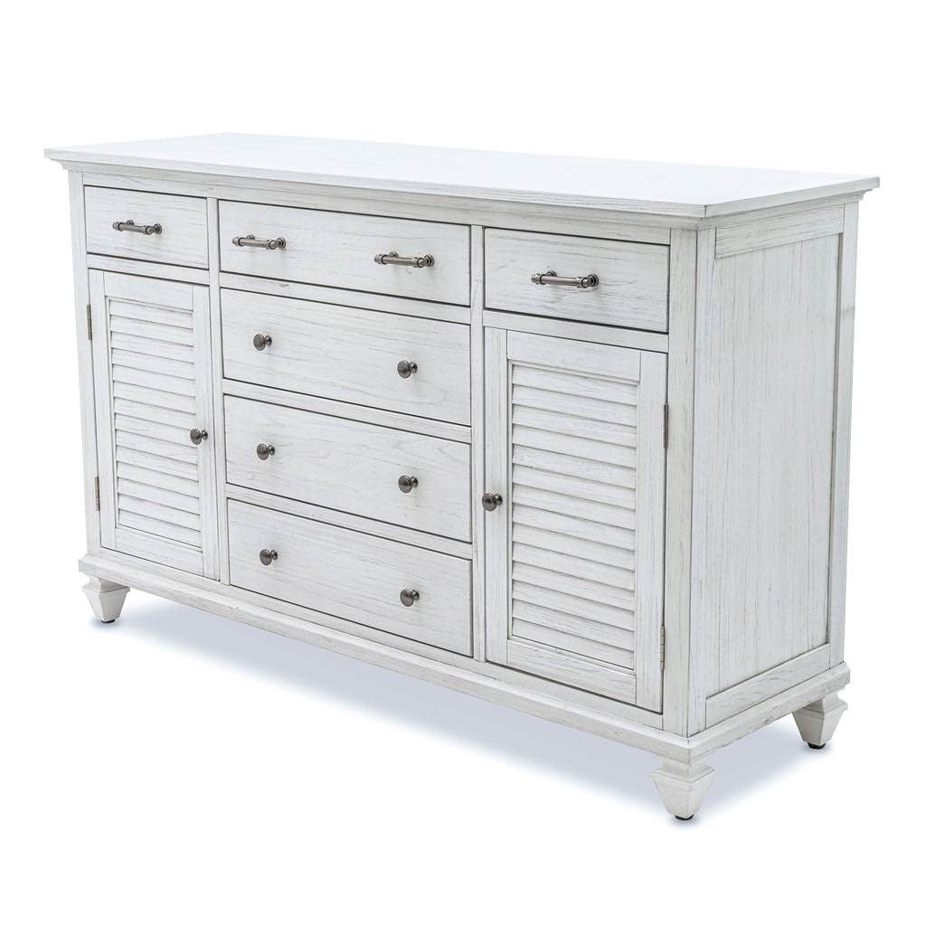 surfside distressed white 6-drawer 2 cabinet dresser with brushed nickel handles and knobs. some chipping on back top edge, otherwise beautiful condition. 36"h x 58"w x 18"d