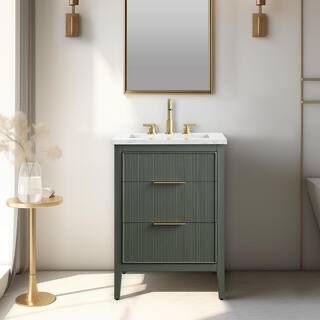 emma 24 in. w single bathroom sink vanity in vintage green with 2 drawers, gold brushed handles, and arabescato stone top. product depth (in.) 22.00 in product height (in.) 34 in product width (in.) 24 in