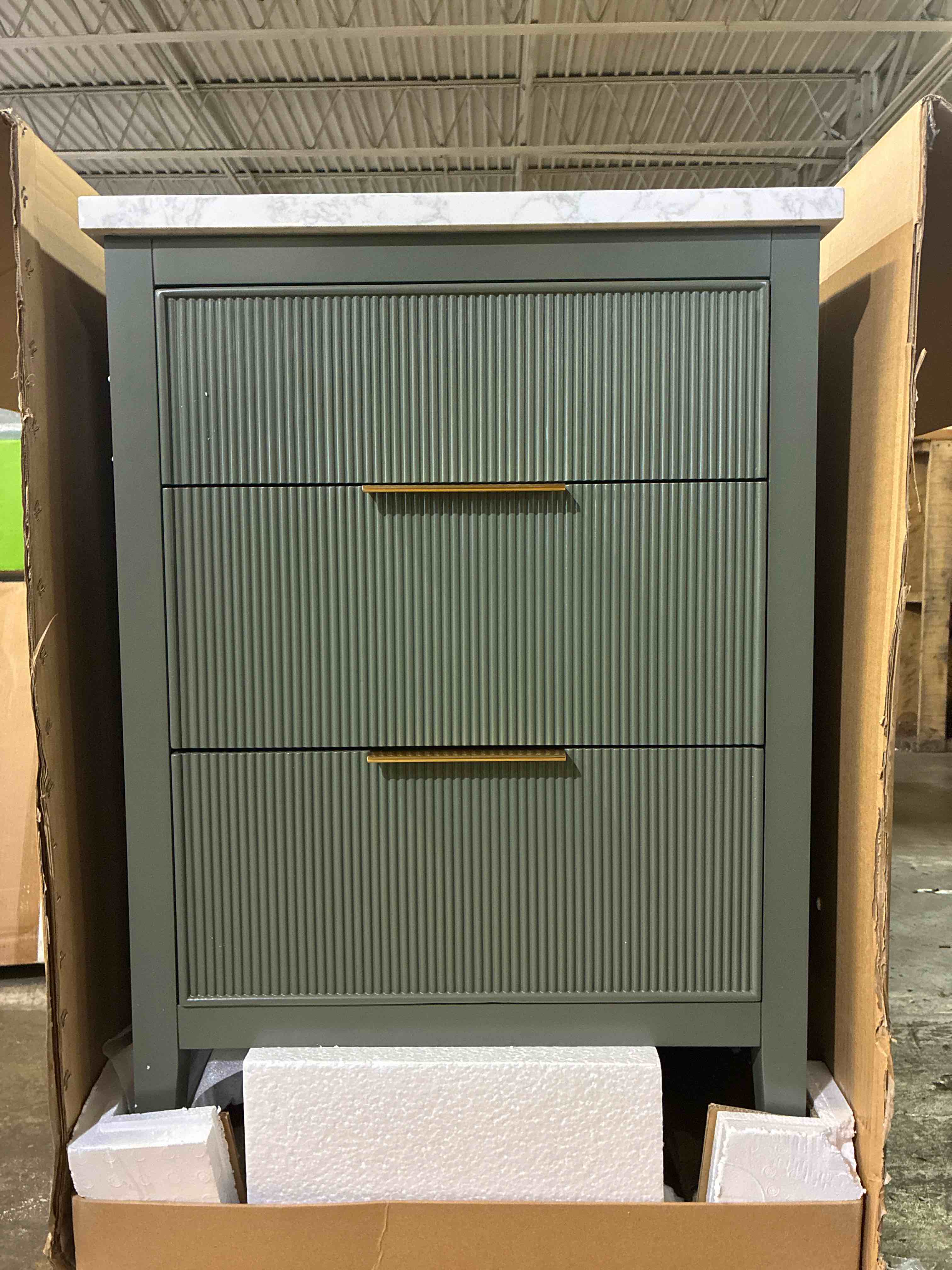 Condition photo showing New/Like New for emma 24 in. w single bathroom sink vanity in vintage green with 2 drawers, gold brushed handles, and arabescato stone top. product depth (in.) 22.00 in product height (in.) 34 in product width (in.) 24 in