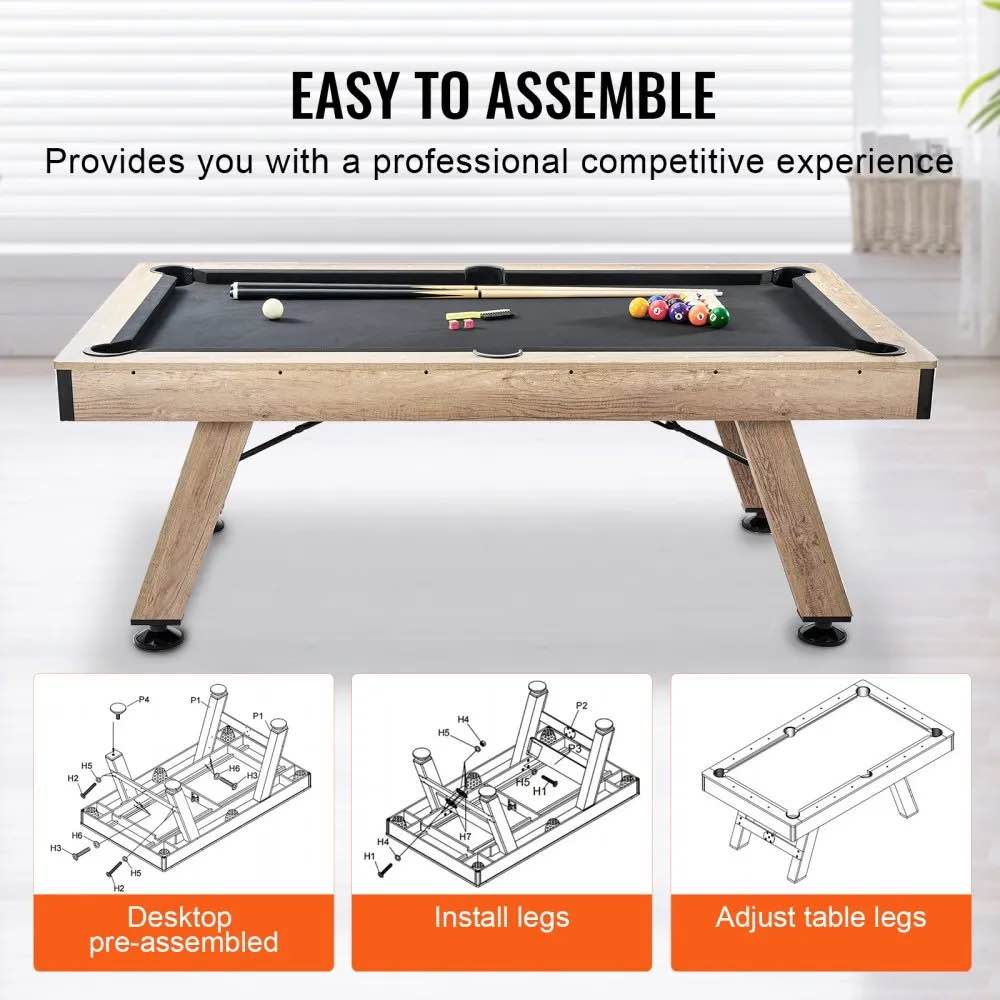 Condition photo showing New/Like New for vevor billiards table, 7 ft pool table, adjust legs stable billiards table, pool table set includes balls, cues, chalks and brush, wood color with black cloth, perfect for family game room kids adults